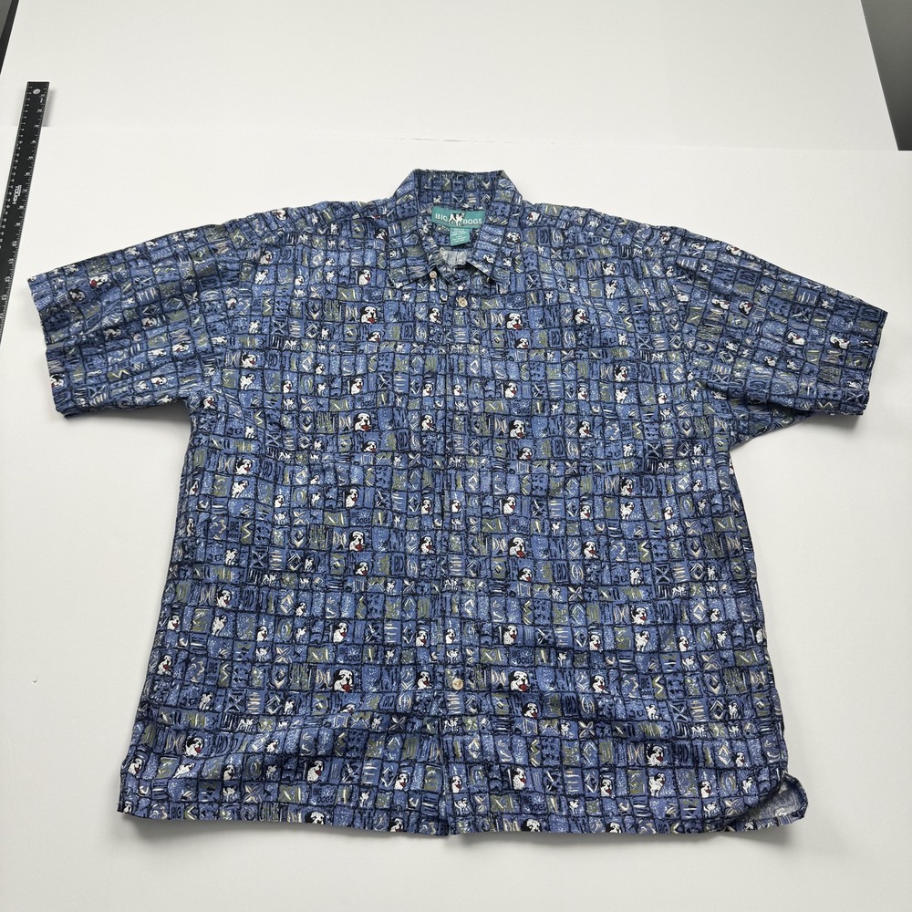Big Dogs Mens Large Blue Novelty Graphic St Bernard Short Sleeve Button Up Shirt